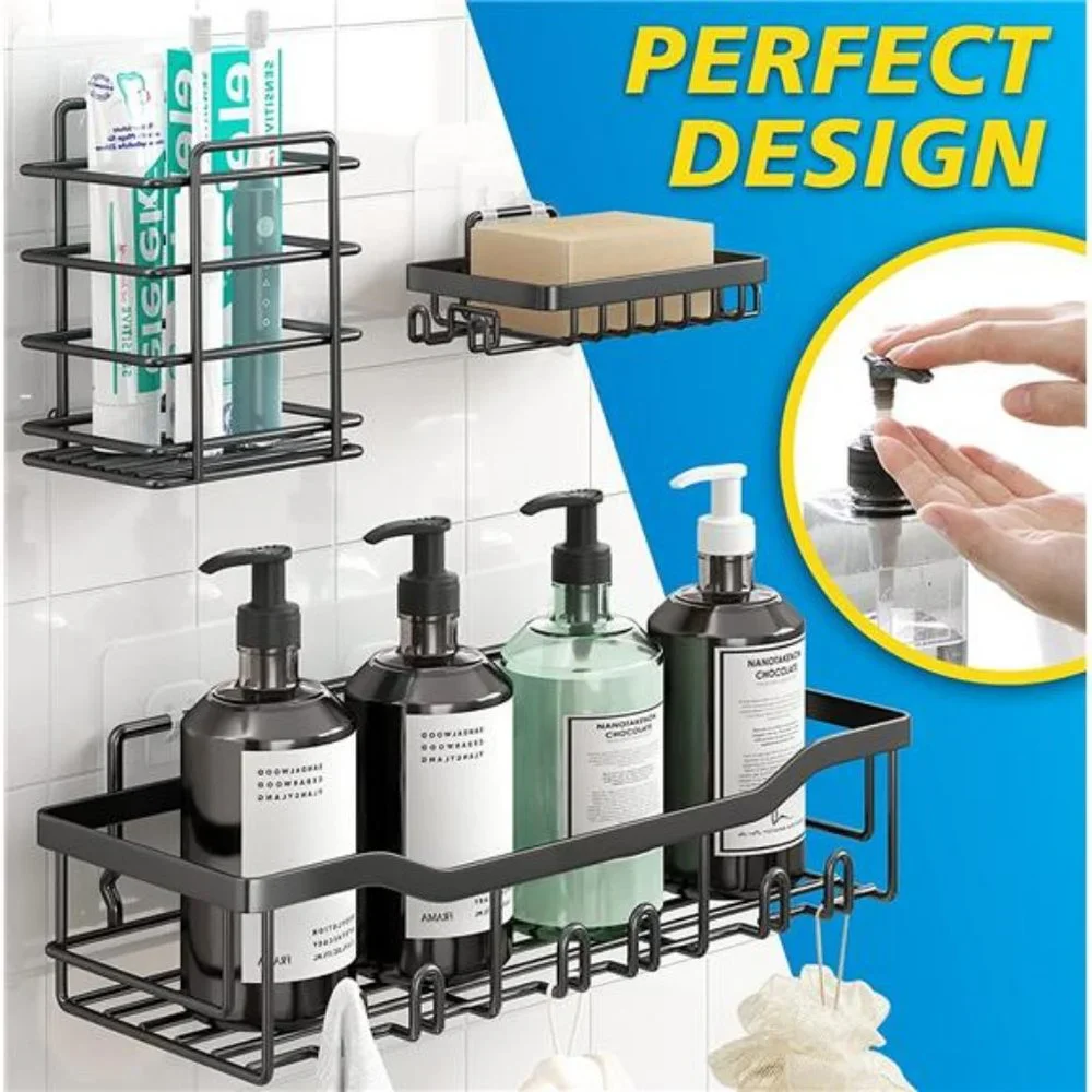 Shower Shelves [5-Pack], Adhesive Shower Organizer, Stainless Steel, Black